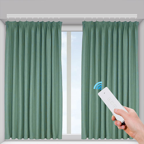 Green curtains on a white track with a handheld remote-control illustration.