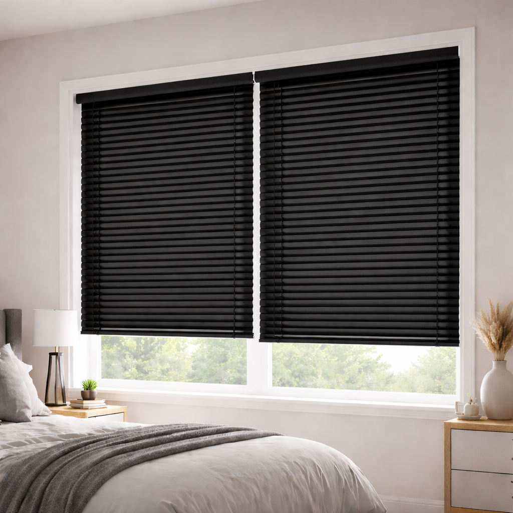 Modern bedroom with black blinds
