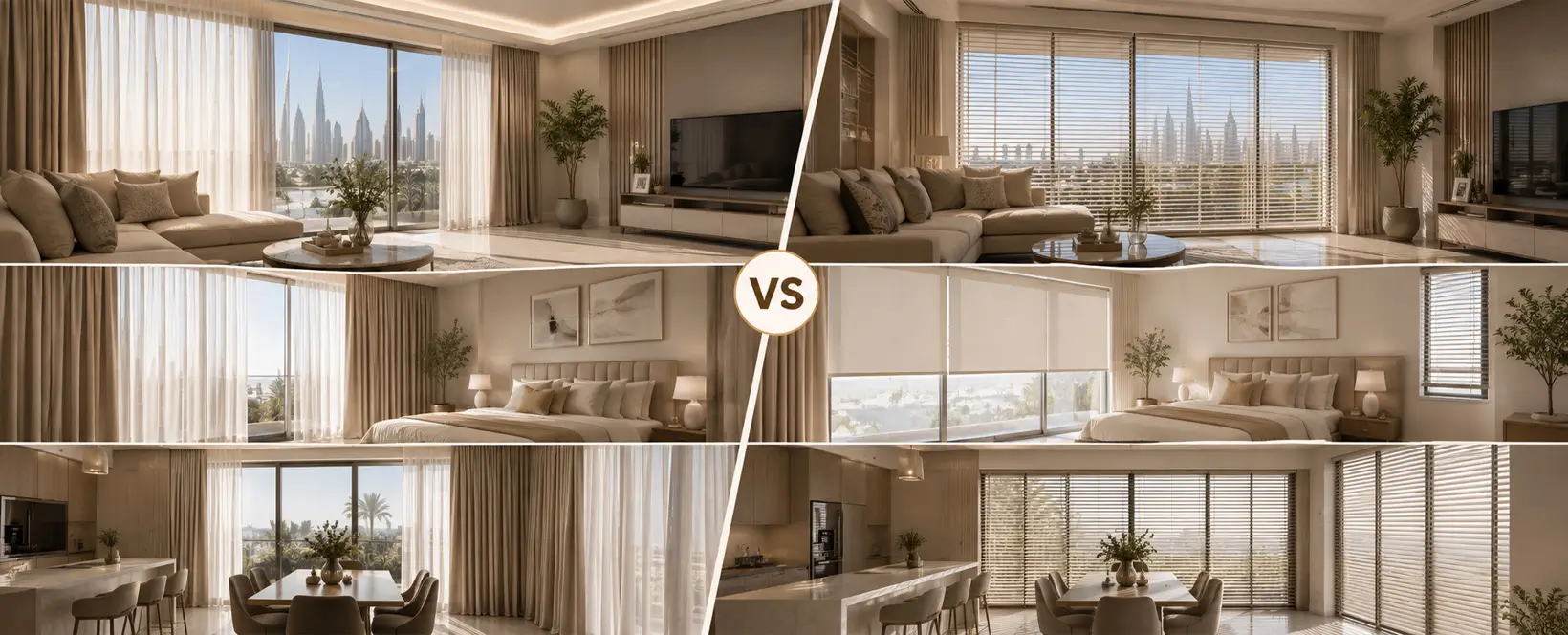 Read more about the article Curtains vs Blinds in Dubai Homes: A Room-by-Room Guide