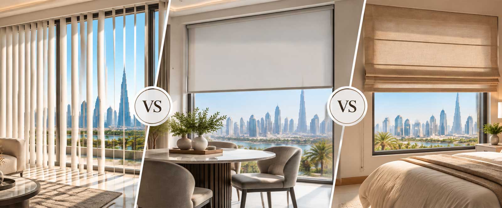 Read more about the article Vertical vs Roller vs Roman Blinds: Which Suits Your Dubai Home?