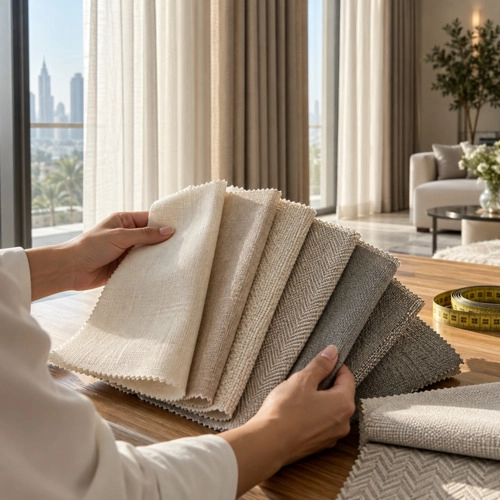Neutral curtain fabrics being compared beside a window in a JVC apartment