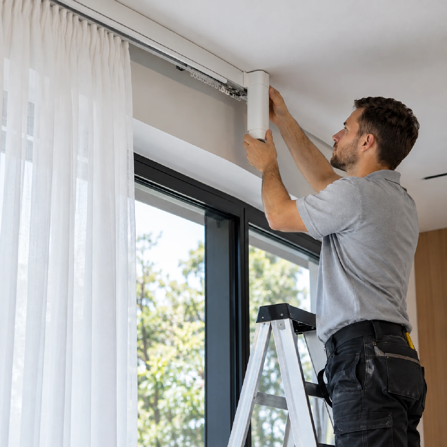 Installer on a ladder fitting a curtain motor beside a ceiling-mounted track.