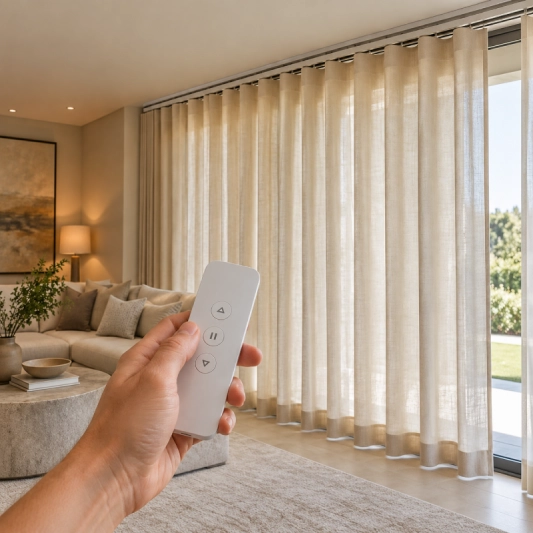 Hand holding a white remote control in front of floor-length living-room curtains.