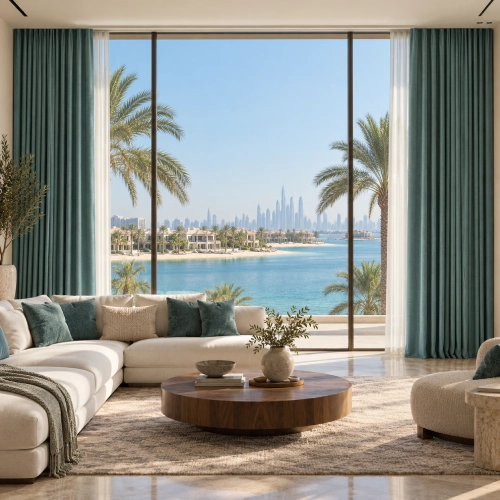 Teal curtains framing a waterfront view with palm trees in a contemporary living room.