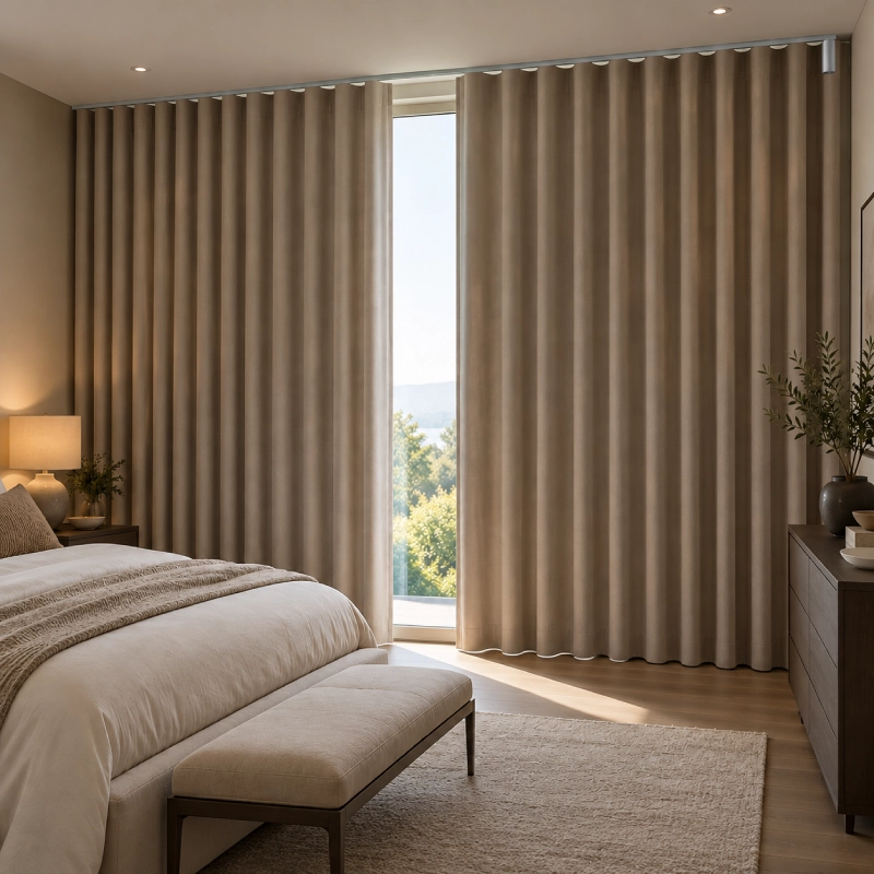 Floor-length taupe blackout curtains framing a modern bedroom window.