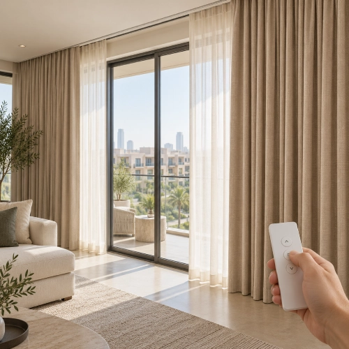 Motorized beige window curtains operated by remote control in a JVC apartment