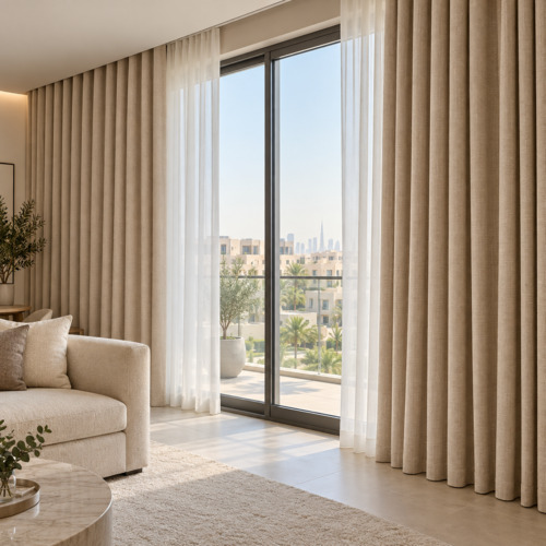 Closed taupe blackout curtains in a modern JVC bedroom
