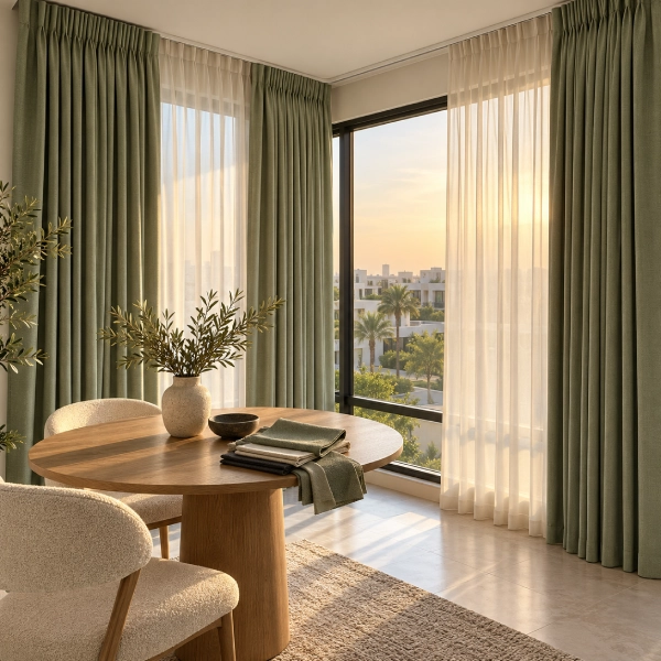 Custom sage-green pinch-pleat curtains with white sheers in a modern JVC apartment.