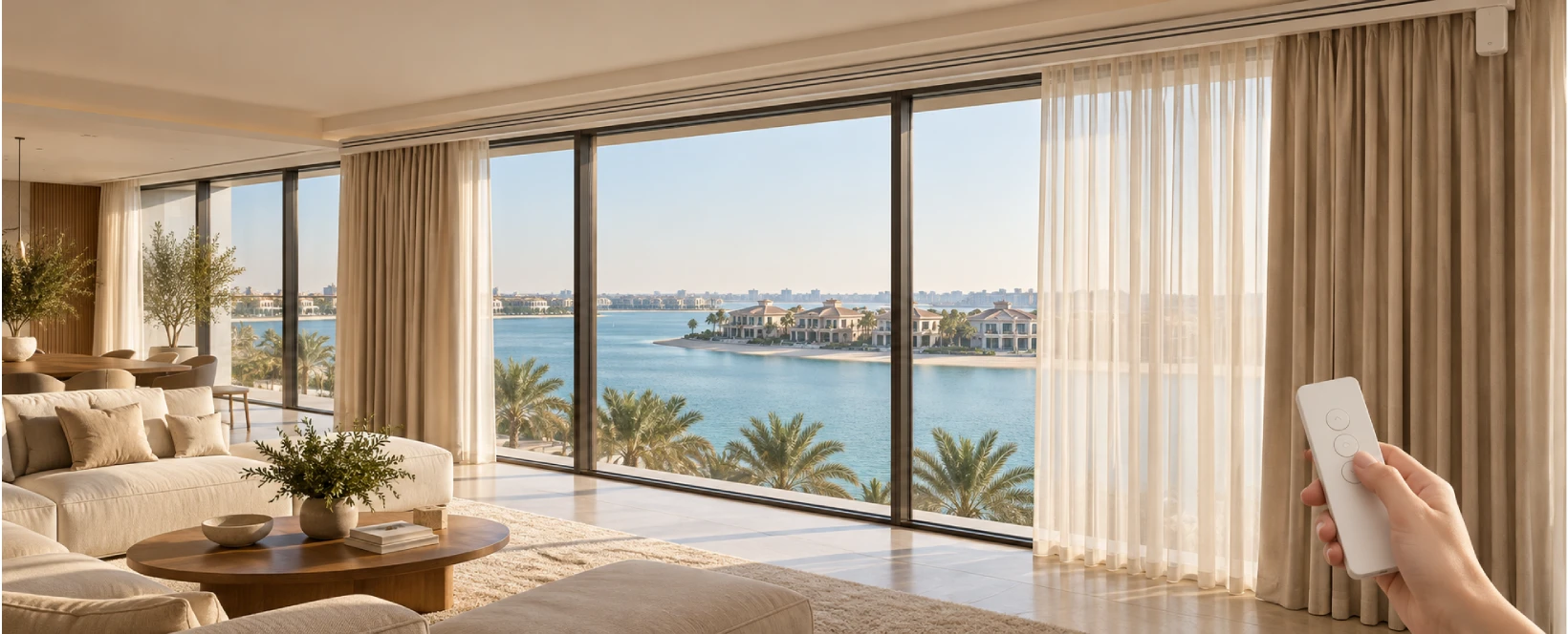 Handheld remote beside beige curtains and white sheers in a waterfront living room.