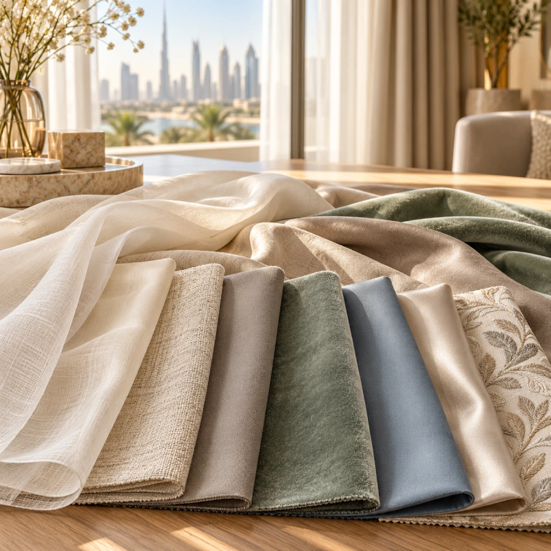 Neutral curtain fabric samples displayed beside a window in JVC