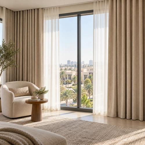 Floor-length beige window curtains with white sheers in a modern JVC apartment